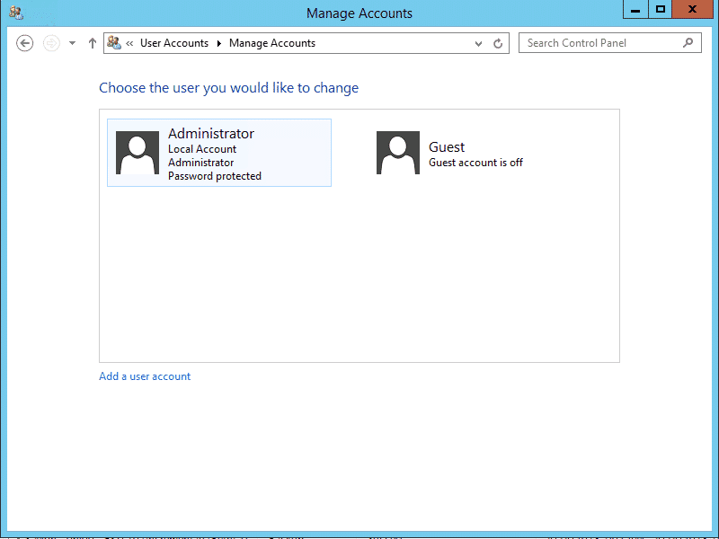 เปลี่ยนรหัสผ่าน Windows Server 2012 - click user: Administrator